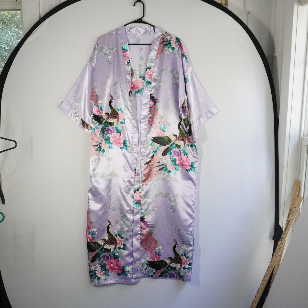 Women's Lavender Peacock Floral Satin Kimono Robe Size M Boho Glam No Belt